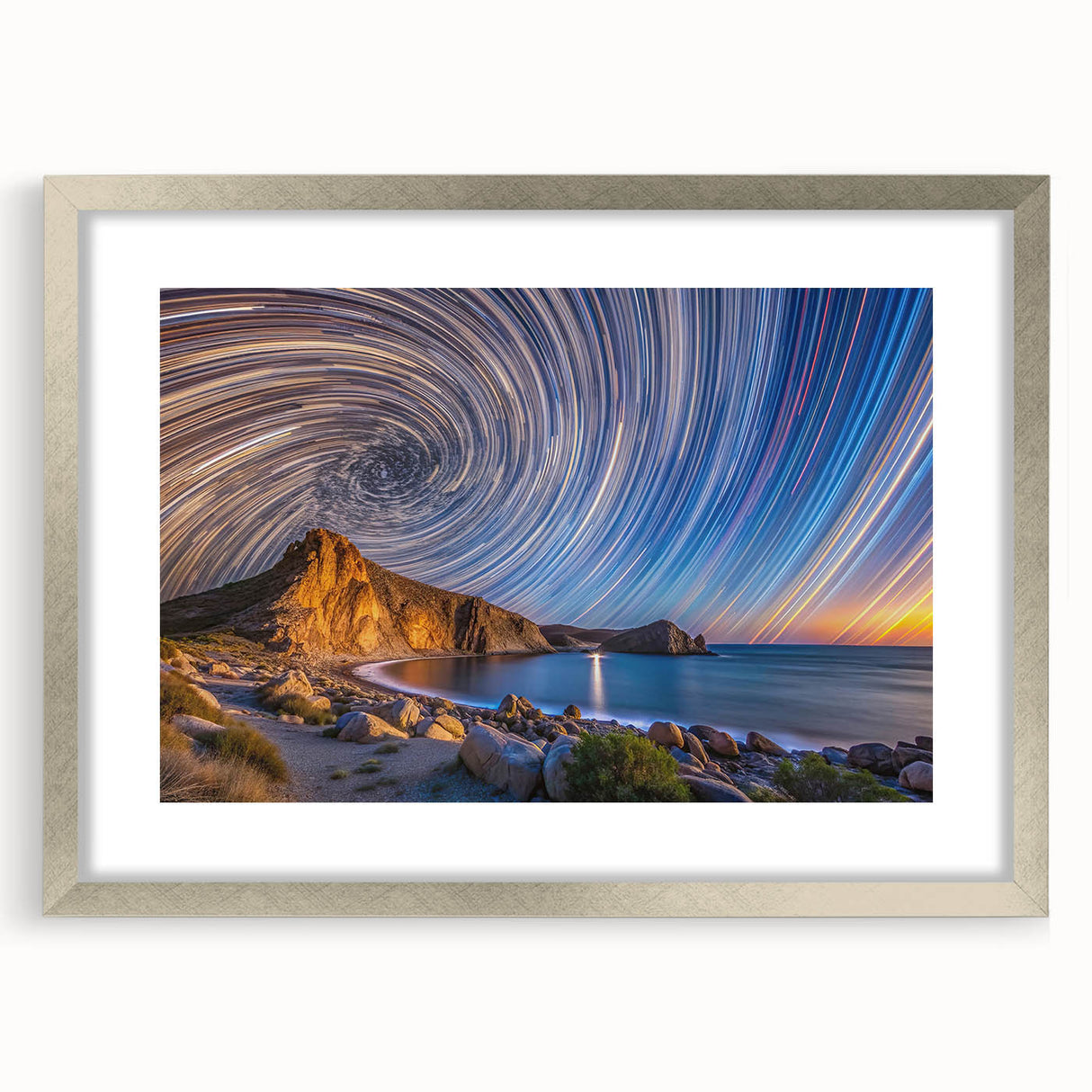 Abstract textured art print depicting the Baja California scenery in muted earth tones, framed in silver.