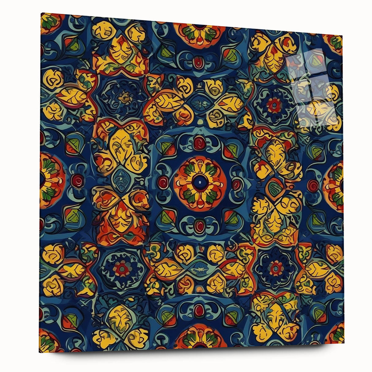 Large abstract wall art of Oaxaca, Mexico in vibrant colors on acrylic glass, suitable for bedroom or dining room decor.