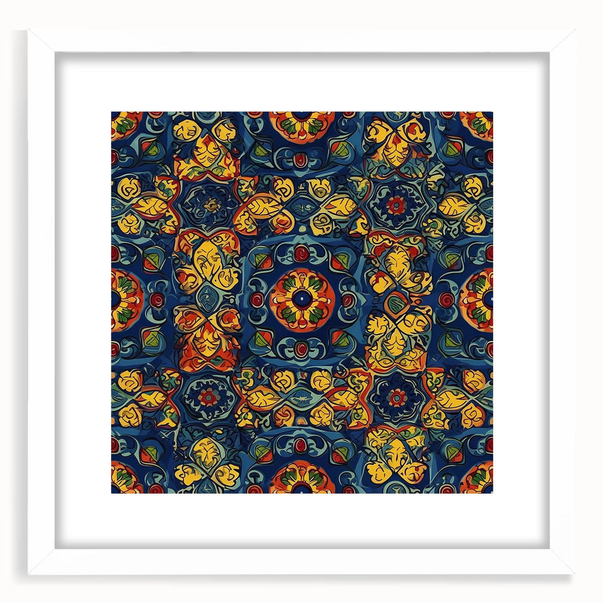 Abstract art print depicting vibrant Mexican Oaxaca scenery in a white framed mat, ideal for dining room decor.