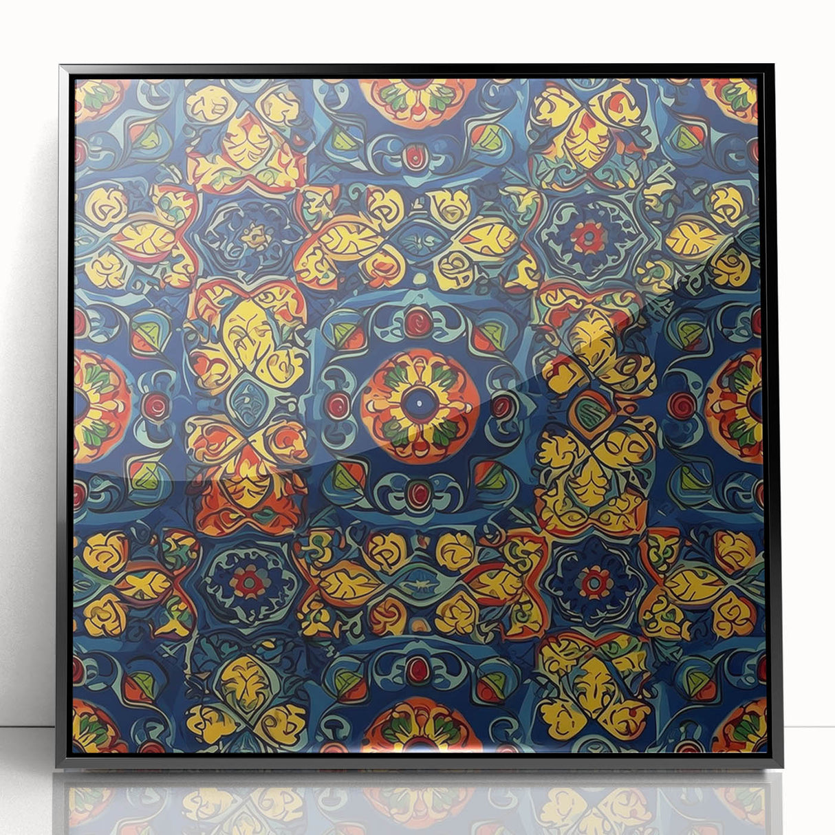 Large abstract wall art featuring a vibrant Oaxaca scenery, framed in black acrylic, ideal for modern art wall decor.