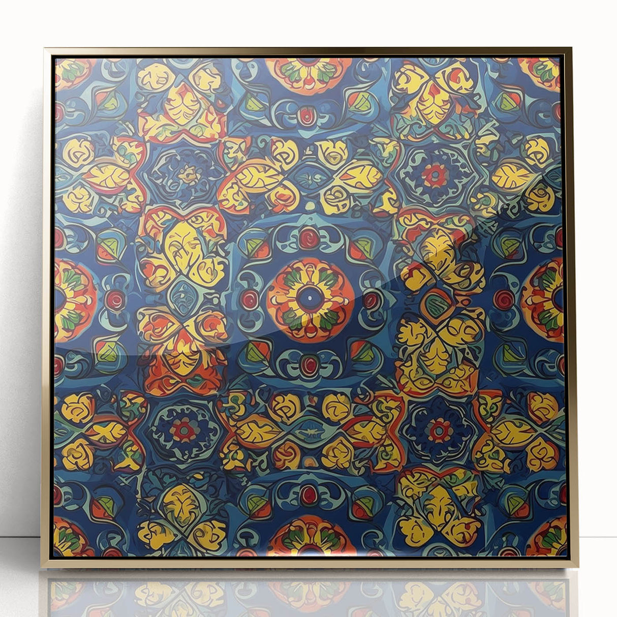 Large acrylic print of Oaxaca, Mexico landscape in gold frame, featuring mid-century modernist style.