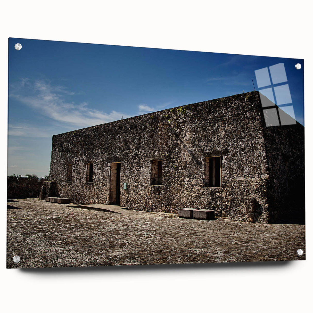 Acrylic print of a large abstract Mexican landscape in vibrant blues and greens, ideal for bedroom or dining room decor.