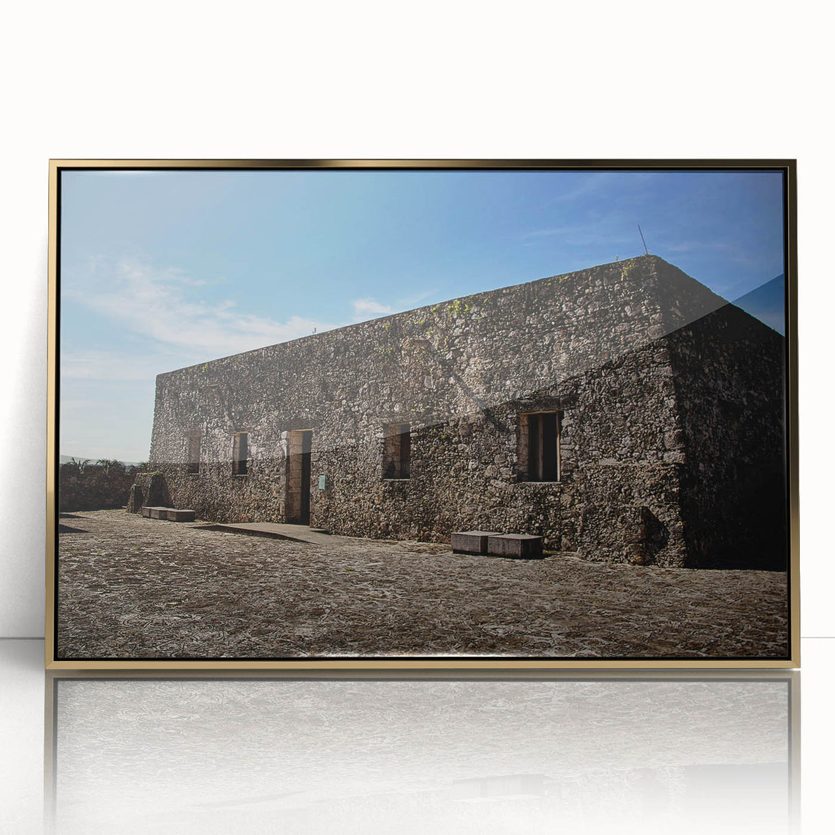 Framed acrylic print of a Quintana Roo landscape in gold tones, ideal for modern art wall decor.