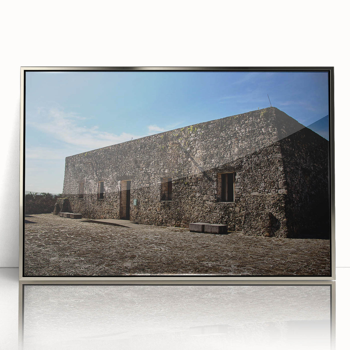 Mid-century modernist art depicting Quintana Roo scenery in silver-framed acrylic, ideal for modern art wall decor.