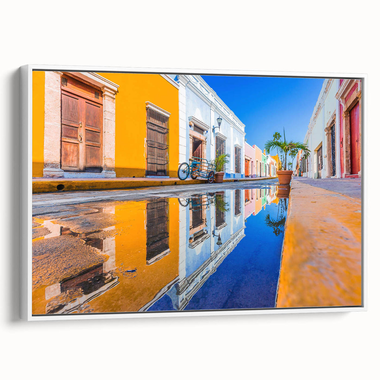 Vintage poster art of Yucatan, Mexico on framed canvas, featuring colorful imagery on a black background.