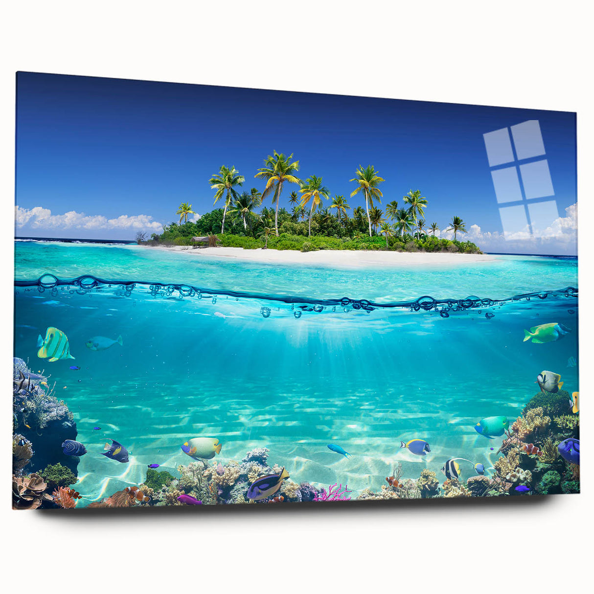 Large abstract wall art of Seychelles scenery on acrylic glass, featuring blue and green hues.