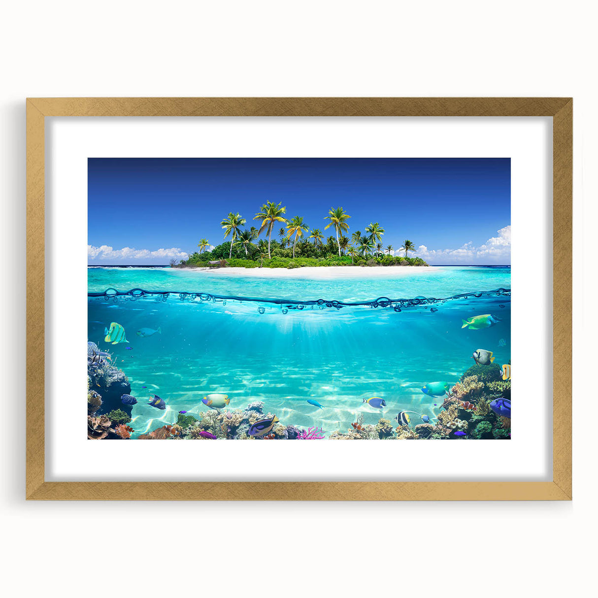 Extra large abstract art print featuring textured scenery of Seychelles with gold frame, ideal for living room decor.
