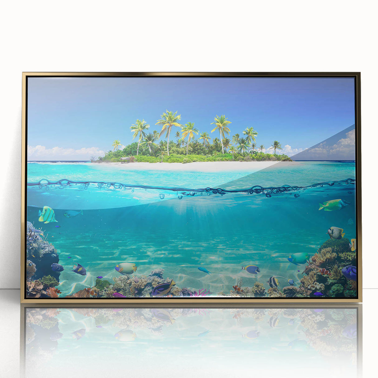 Acrylic print of a Seychelles landscape with vibrant blue and green tones, framed in gold.
