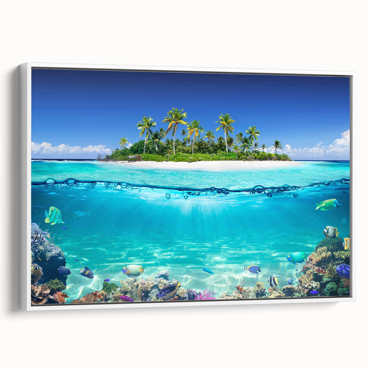 Vintage poster art of Seychelles scenery on framed canvas, featuring vibrant colors, ideal for living room decor.