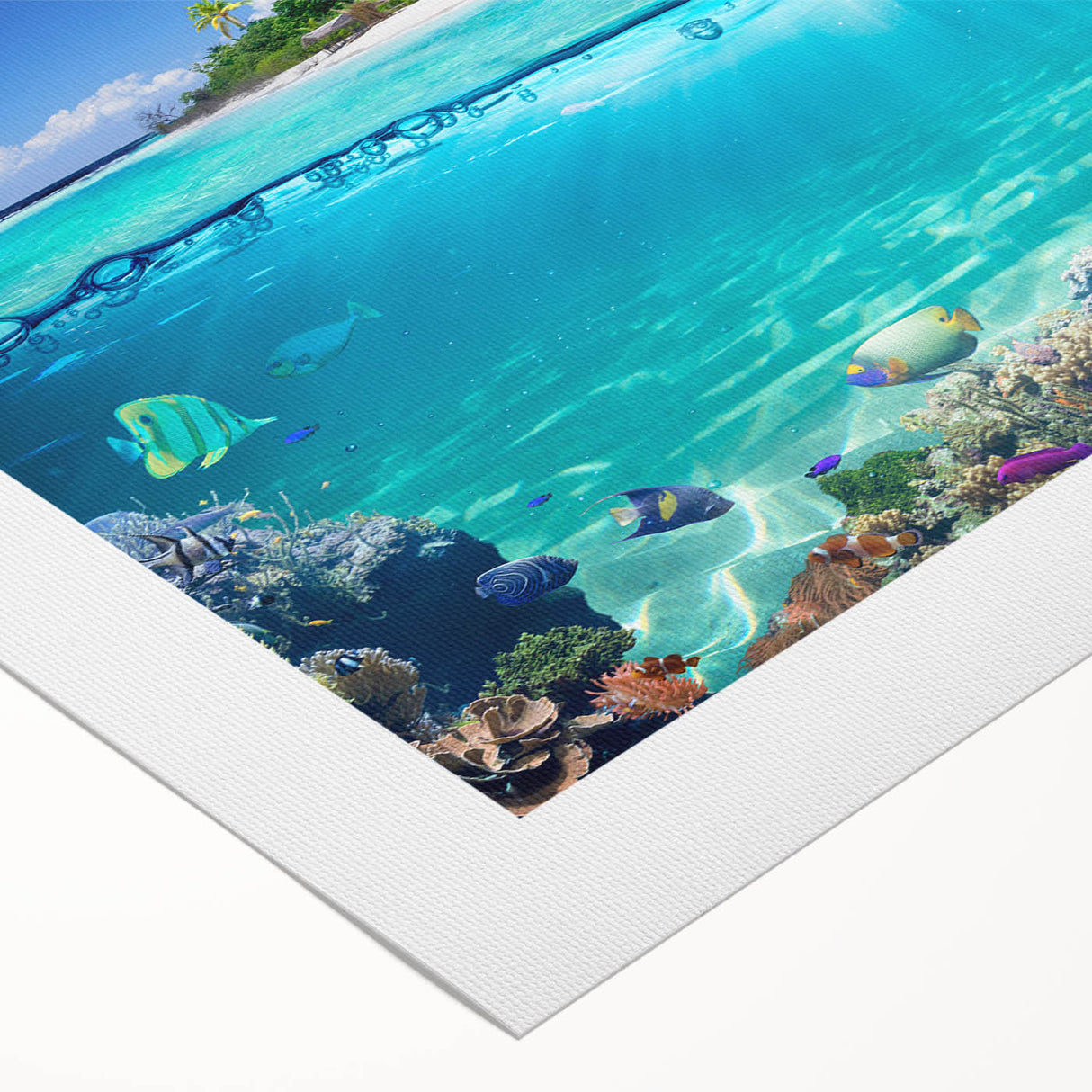 Art deco poster of Seychelles scenery on rolled canvas, featuring pastel shades, ideal for dining room wall art.