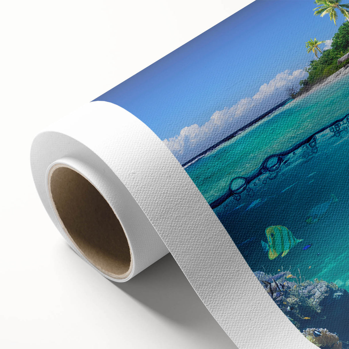 Art deco poster of Seychelles scenery on rolled canvas, featuring muted blue and green tones, ideal for nursery wall art.