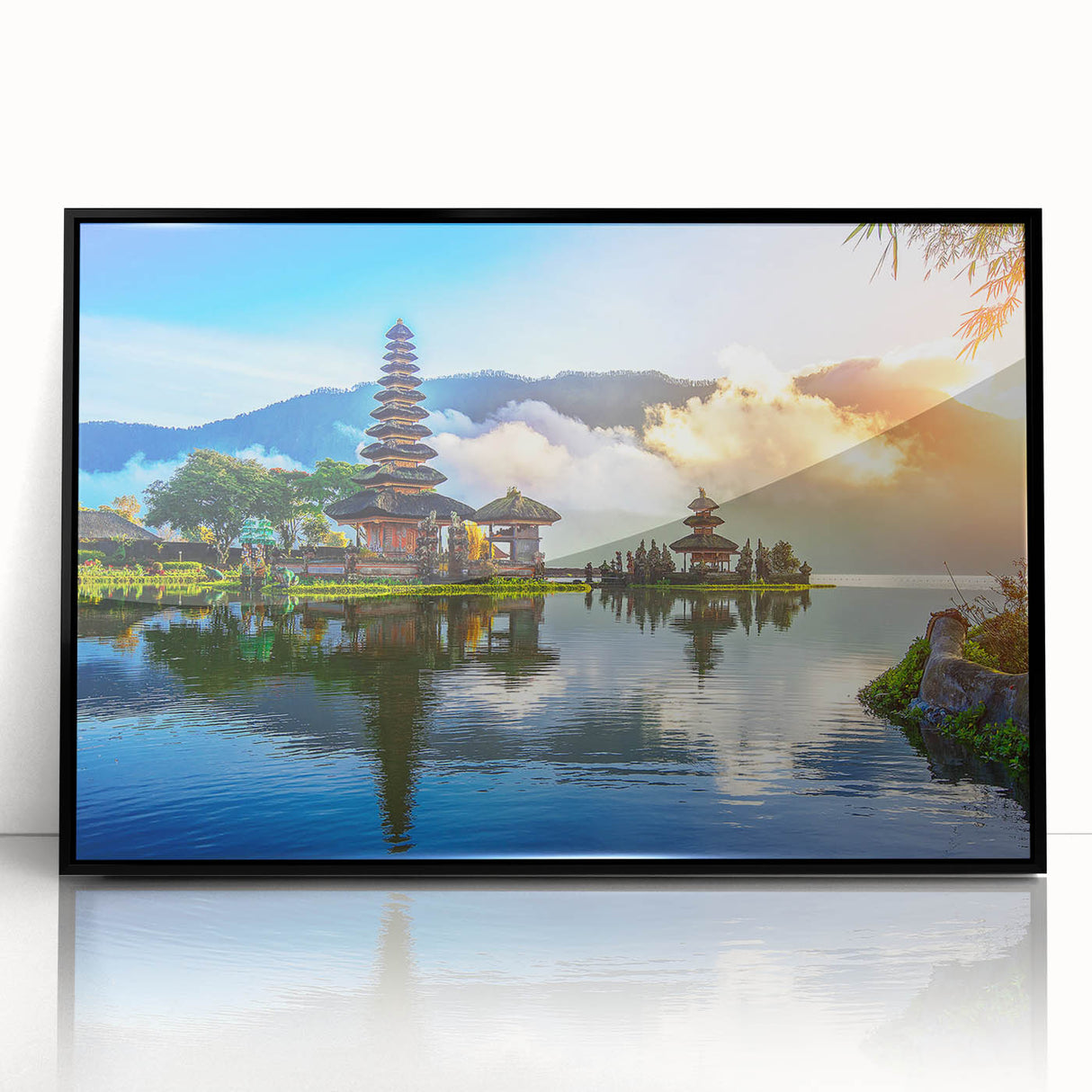 Large abstract wall art depicting a minimalist Indonesian landscape in muted earth tones, framed in black acrylic.