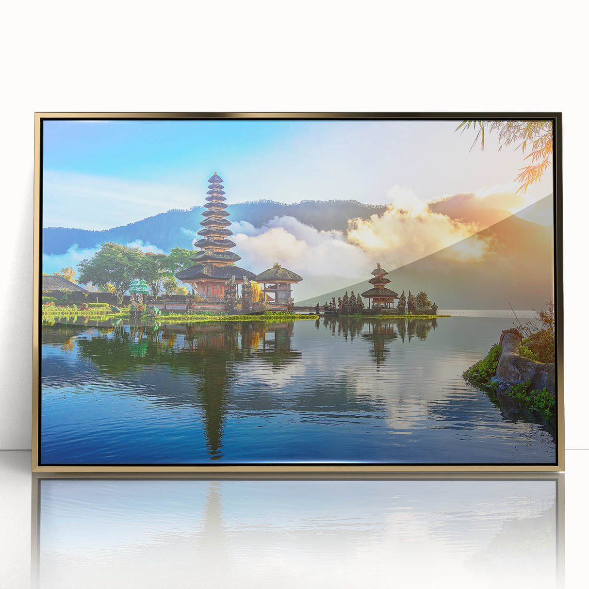 Large art print of an Indonesian landscape in gold frame, featuring muted earth tones, perfect for modern art wall decor.