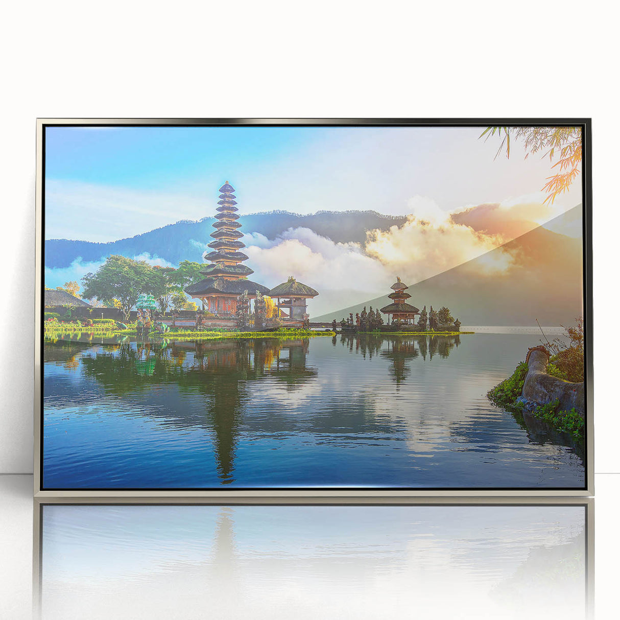 Mid-century modernist art depiction of an Indonesian landscape in muted earth tones on a framed acrylic print.