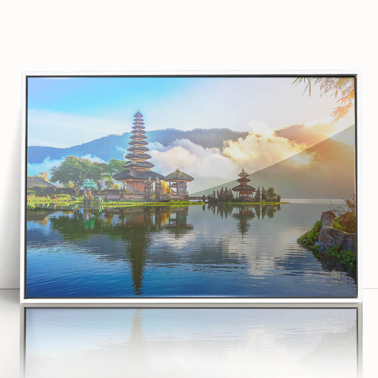 Art deco poster featuring Indonesian landscape in muted green and blue tones, framed acrylic.