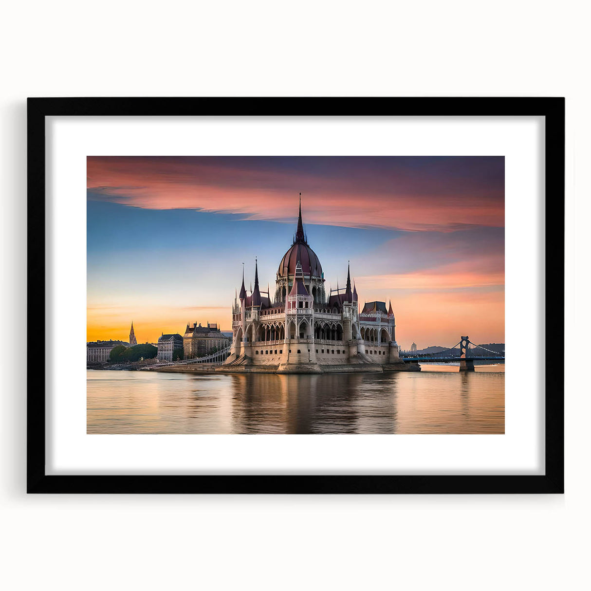 Extra large wall art of a colorful abstract print depicting a European scenery, textured on a black framed canvas.