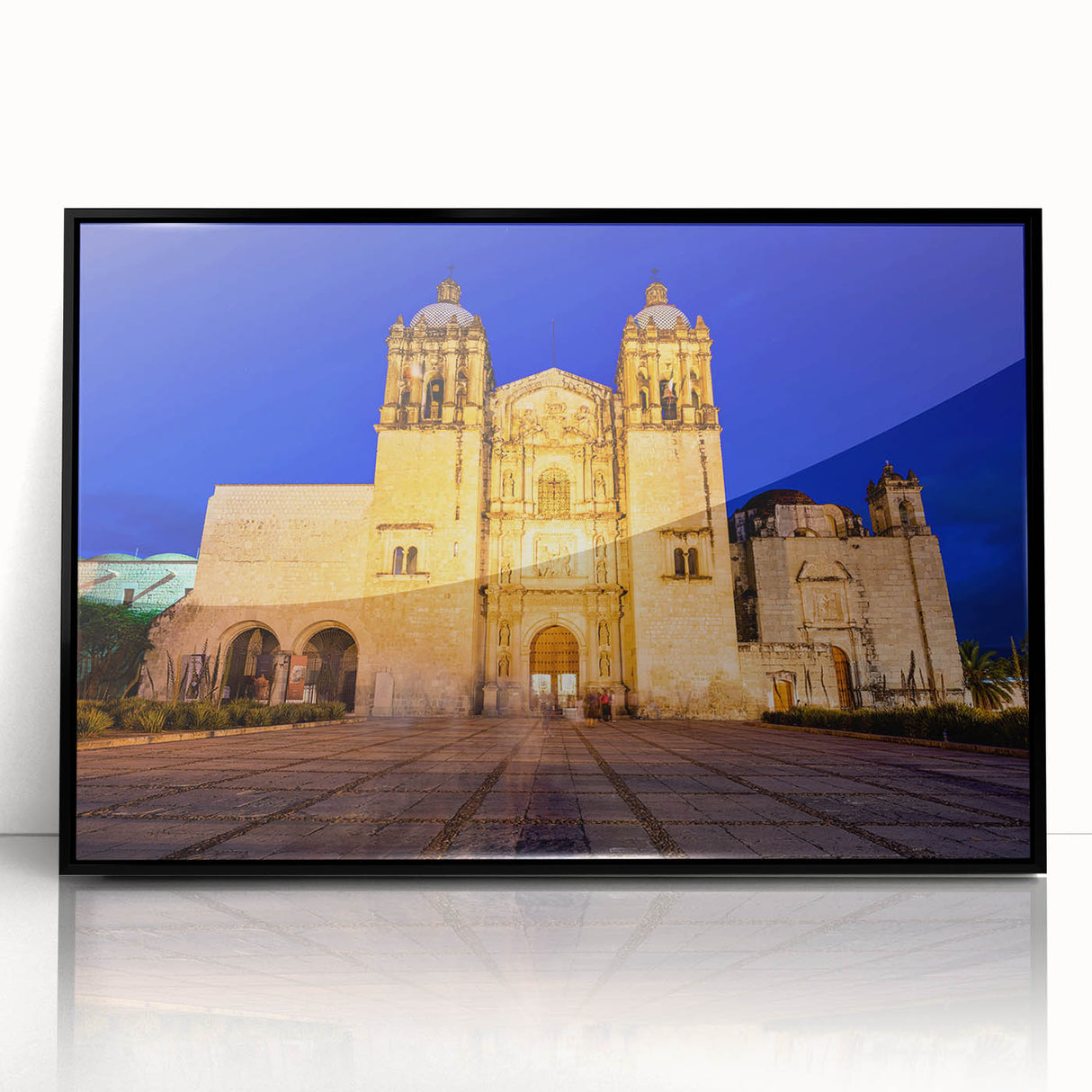 Large abstract wall art depicting a vibrant Oaxaca scenery in mid-century modernist style, framed in black acrylic.