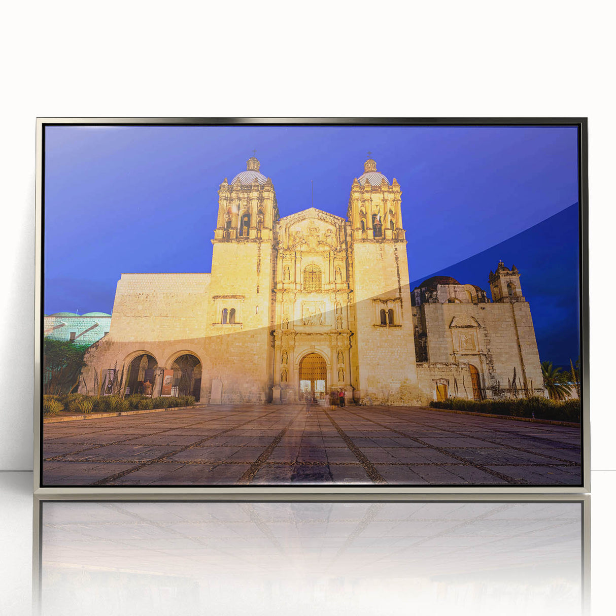 Mid-century modernist art depicting Oaxaca, Mexico scenery in silver-framed acrylic, ideal for nursery wall art.