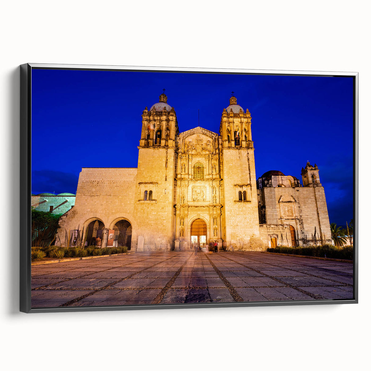 Black and white framed canvas of Oaxaca landscape, featuring vintage poster art style, ideal for bedroom decor.