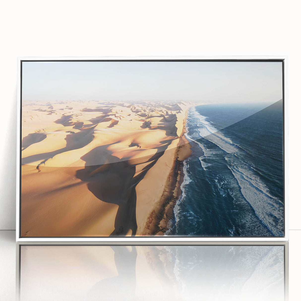 Large art print of a Namibian landscape on framed acrylic, featuring mid-century modernist style with muted earth tones.