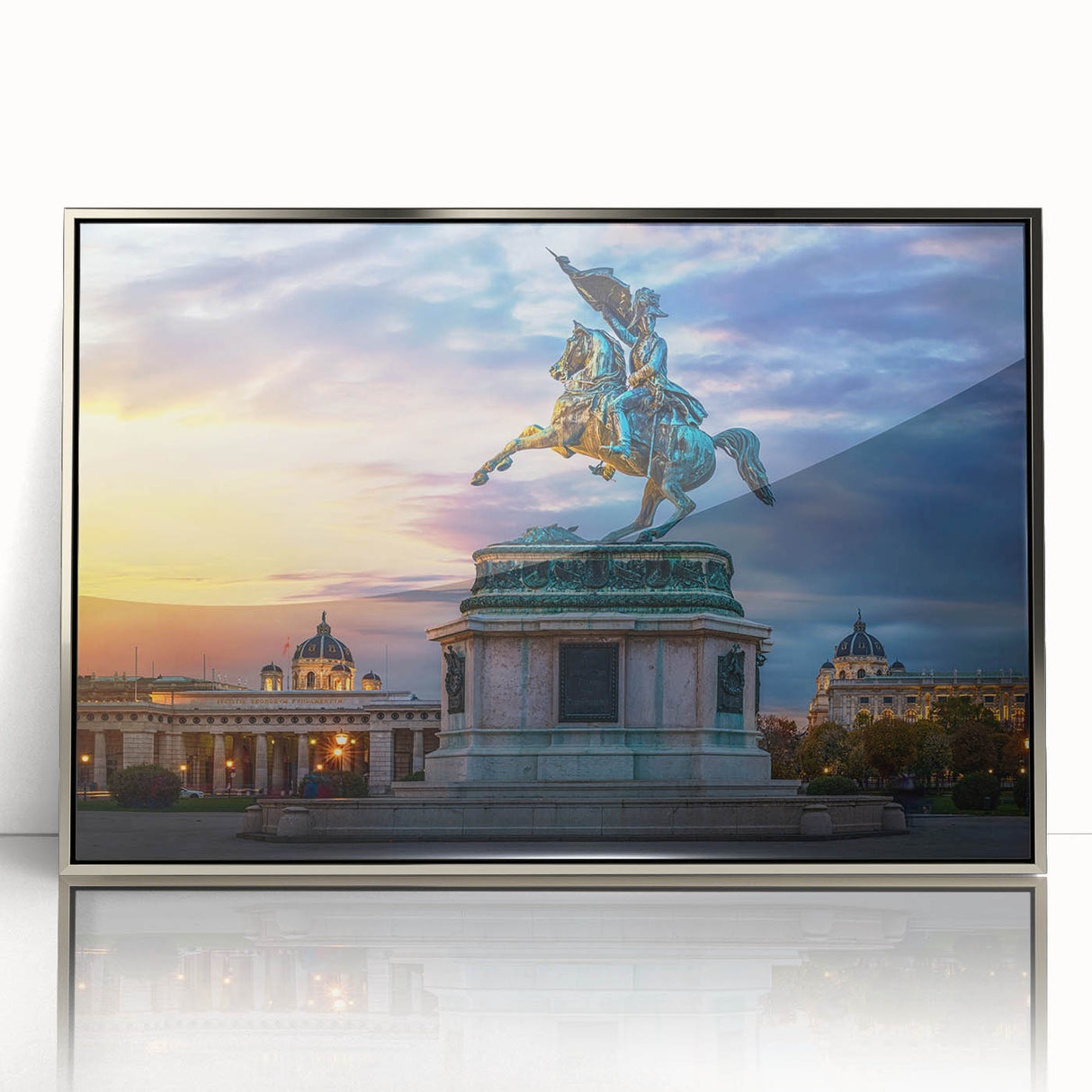 Large art print of a serene Austrian landscape in muted greens and blues on a silver-framed acrylic.