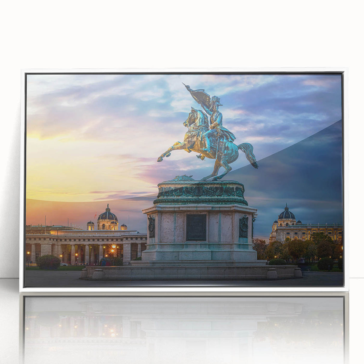 Mid-century modernist art depicting a serene Austrian landscape on a white framed acrylic, ideal for nursery wall art.