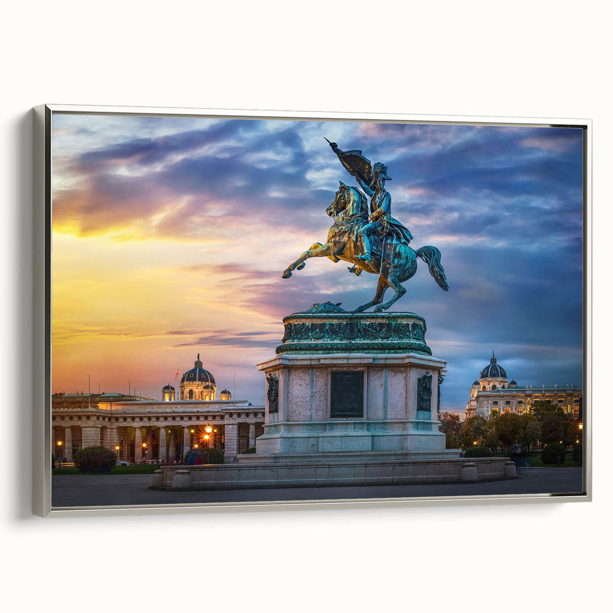 Framed canvas landscape art depicting a serene Austrian village in vibrant, colorful hues.