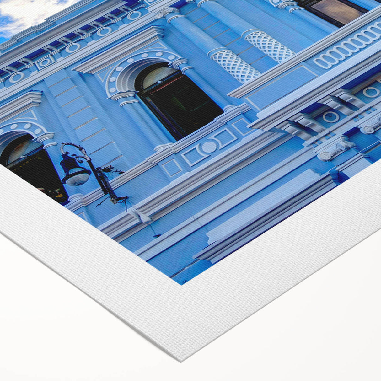 Art deco poster featuring a Yucatan scenery in muted blue and green hues, ideal for dining room wall art, on rolled canvas.