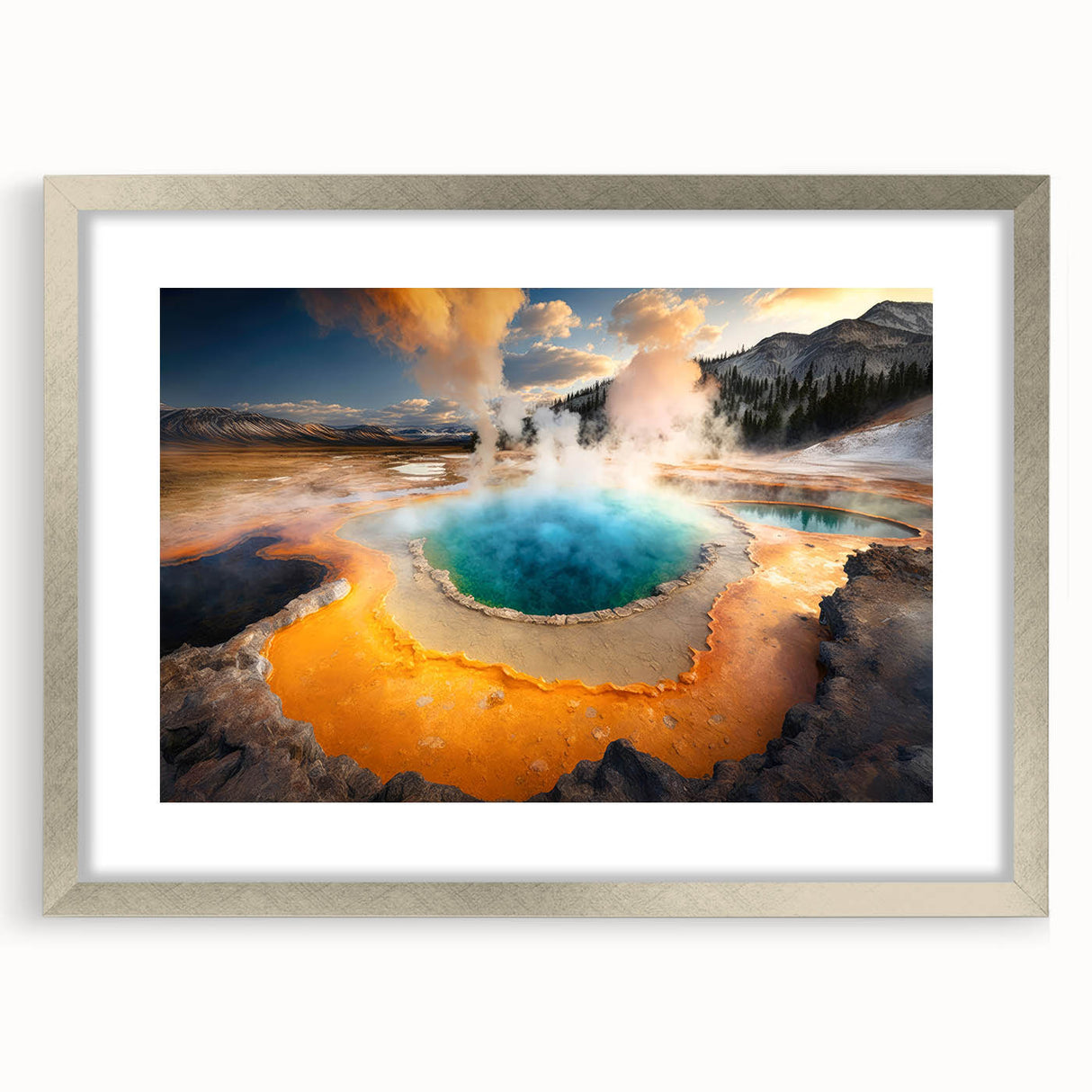 Textured art print of Yellowstone scenery in abstract style, with muted earth tones on a silver-framed mat.