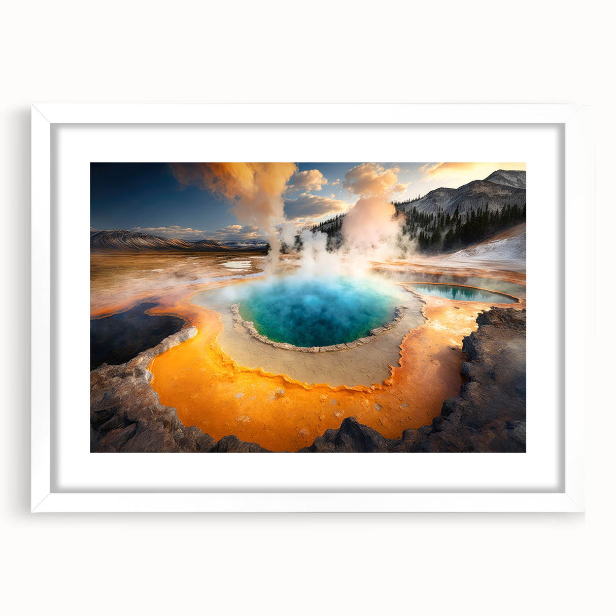 Abstract art print of Yellowstone scenery in muted earth tones on a white framed mat, ideal for dining room decor.