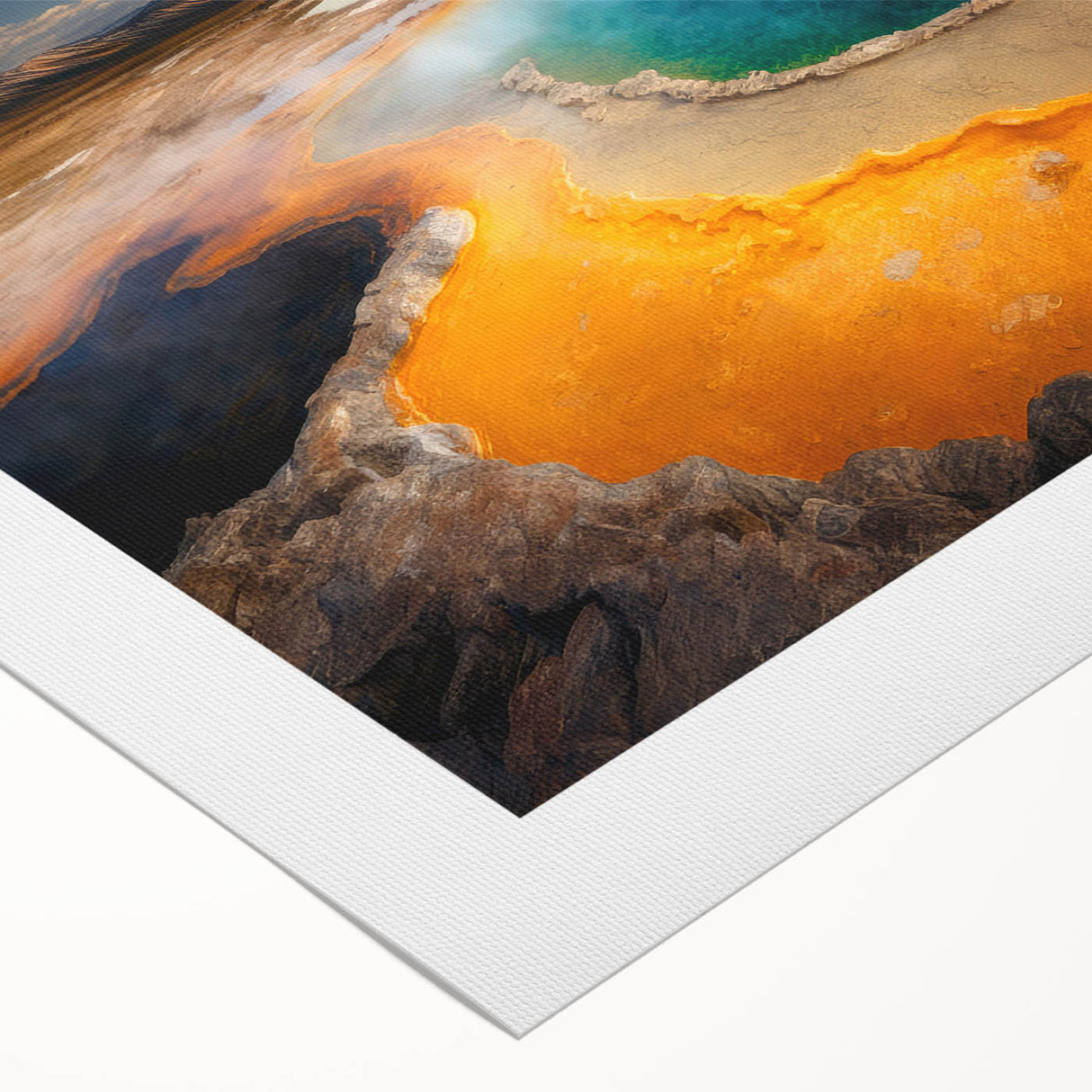 Art deco poster depicting Yellowstone National Park in muted earth tones on rolled canvas, suitable for dining room decor.