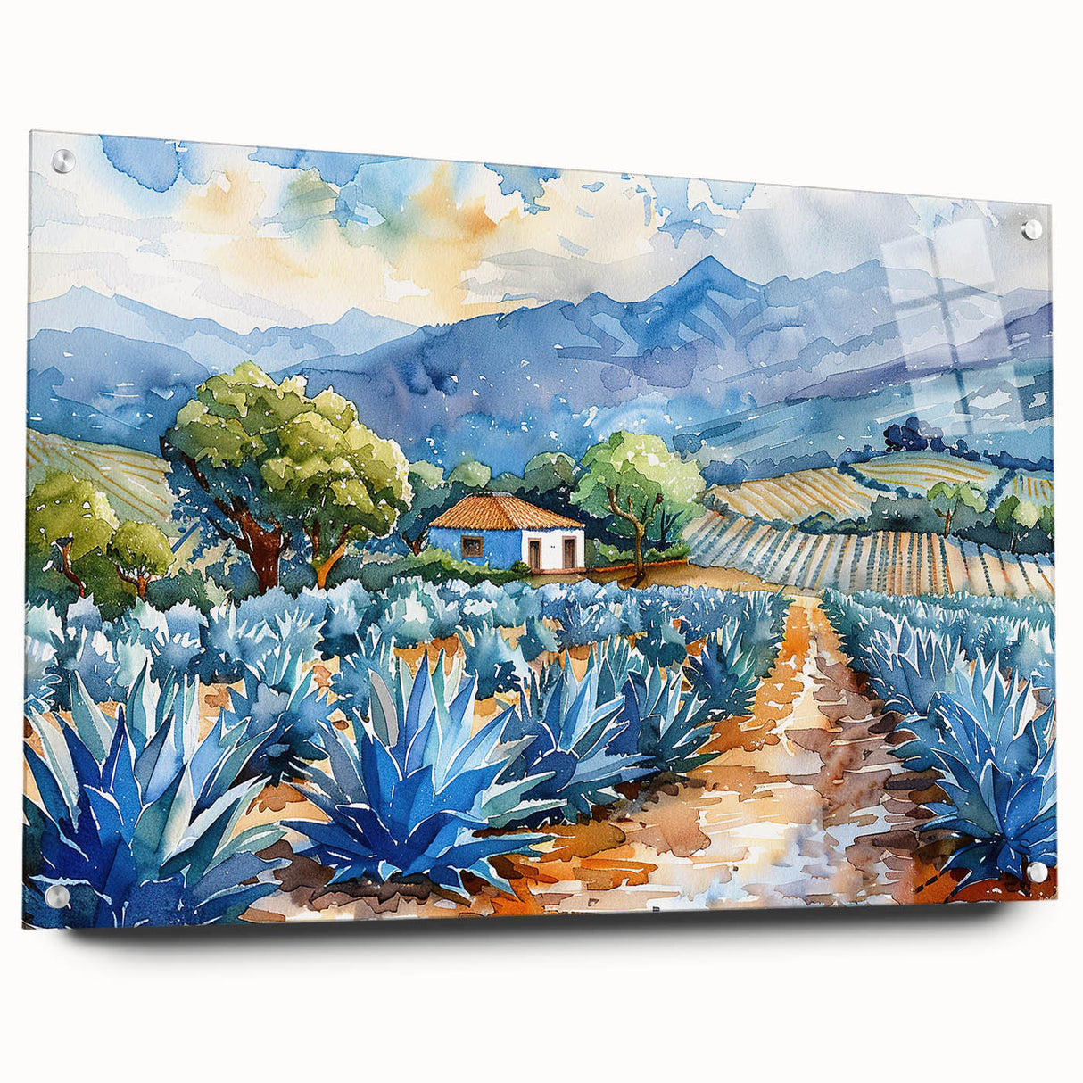 Acrylic glass print of Oaxaca, Mexico scenery in muted earth tones, suitable for bedroom or dining room decor.