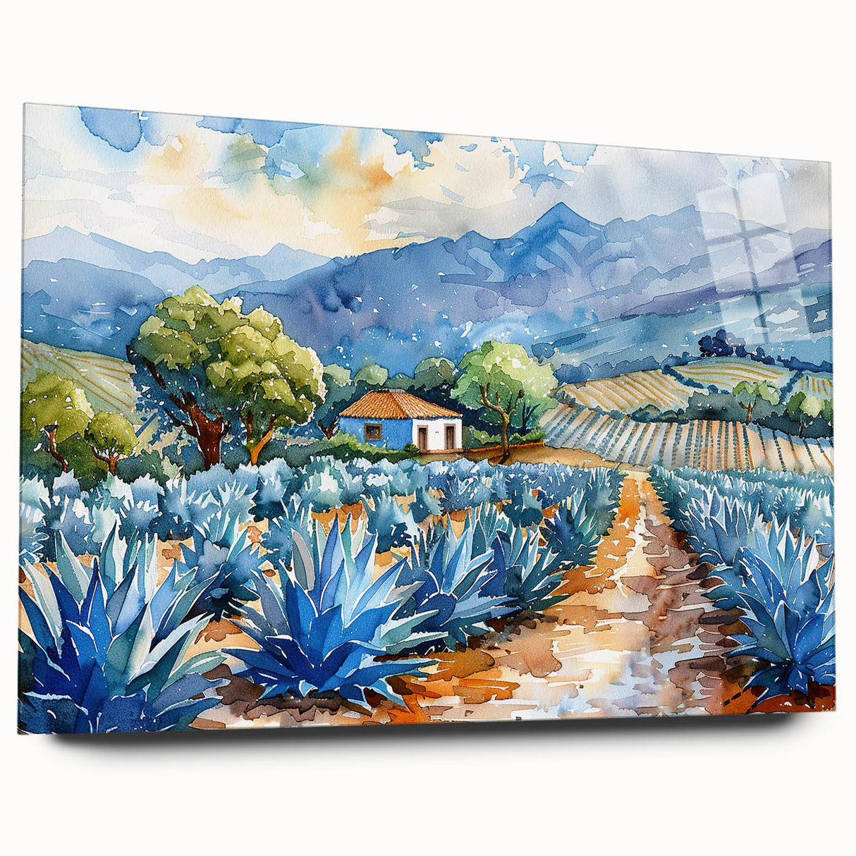 Large abstract wall art depicting a vibrant Oaxaca, Mexico scenery on acrylic glass, ideal for bedroom or dining room decor.