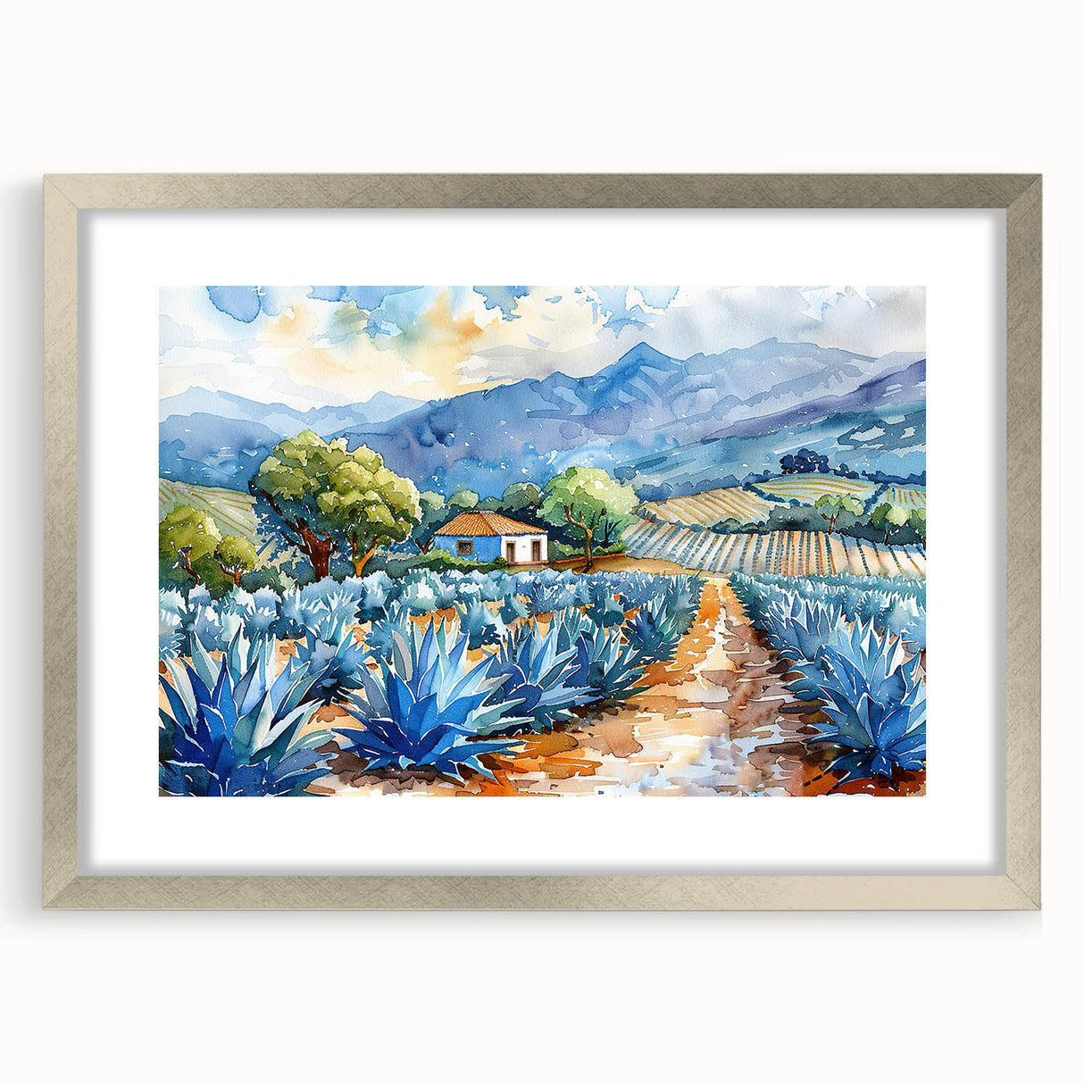 Textured abstract art print depicting Oaxaca scenery in muted earth tones, framed in silver, ideal for bedroom decor.