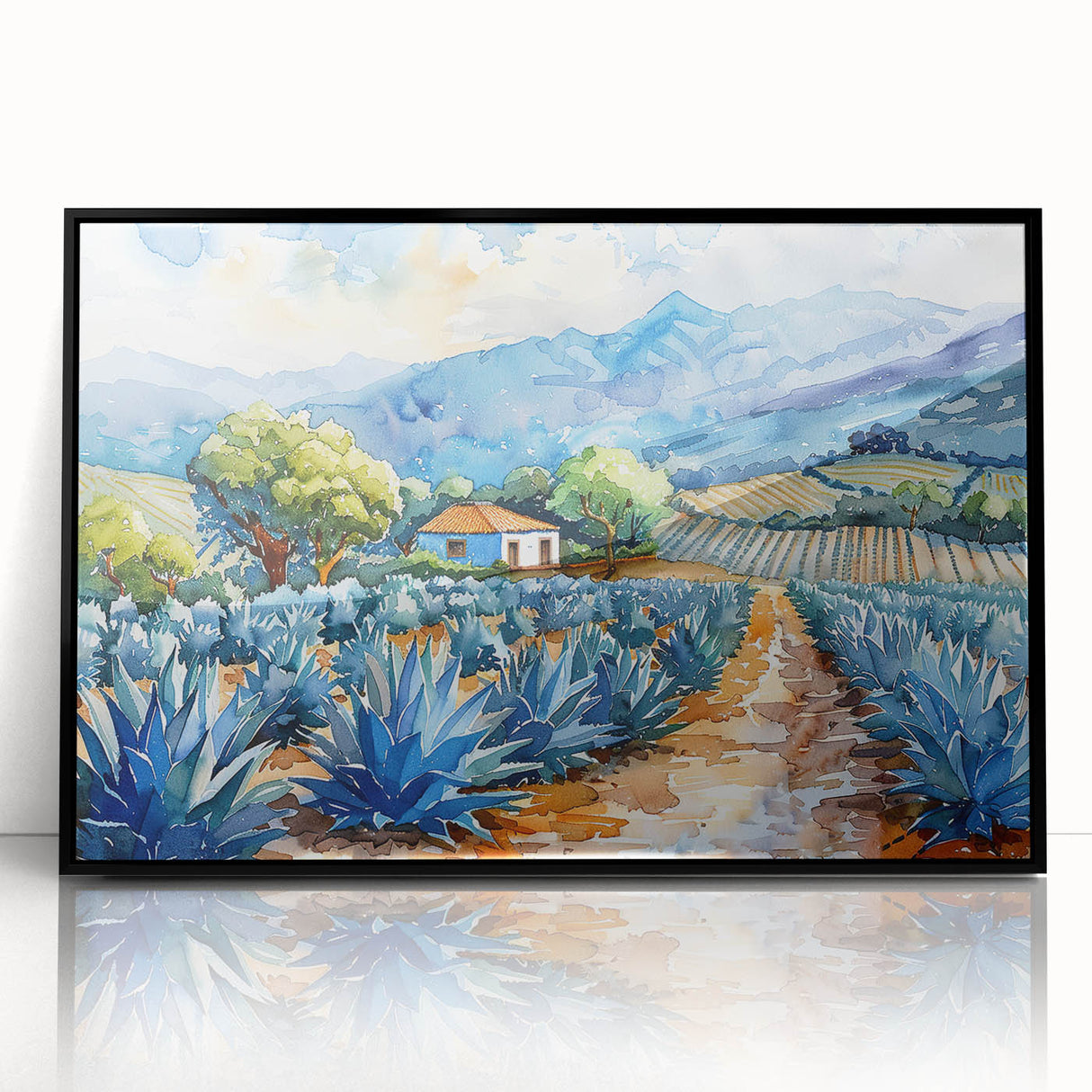Large abstract wall art depicting a vibrant Oaxaca scenery in mid-century modernist style, framed in black acrylic.