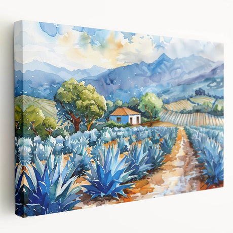 Large art depicting a scenic view of Oaxaca, Mexico, in vibrant earth tones on stretched canvas, ideal for kitchen wall art.