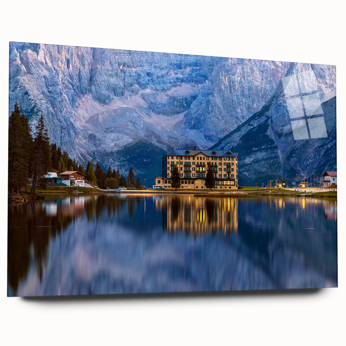 Large abstract wall art depicting a serene Austrian landscape in soft blues and greens.