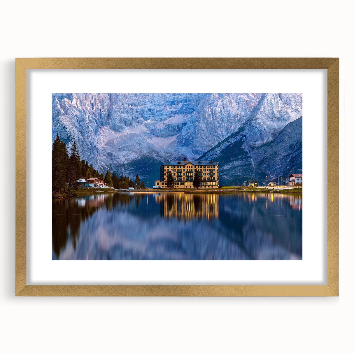 Abstract art print of a European scenery in muted earth tones on a framed canvas, suitable for dining room or bedroom decor.