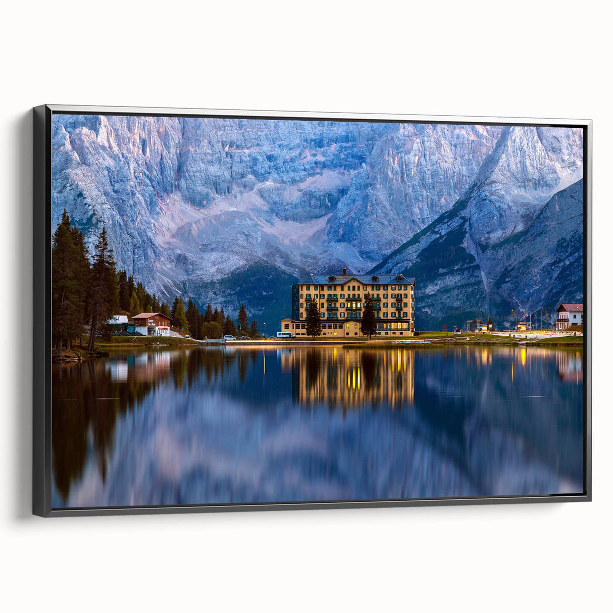 Black and white image of a European landscape on framed canvas, ideal for bedroom wall art.