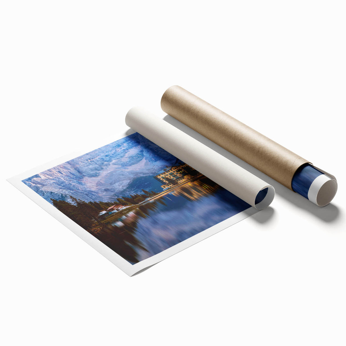Extra large rolled print depicting a serene Austrian landscape with vibrant green and blue tones.