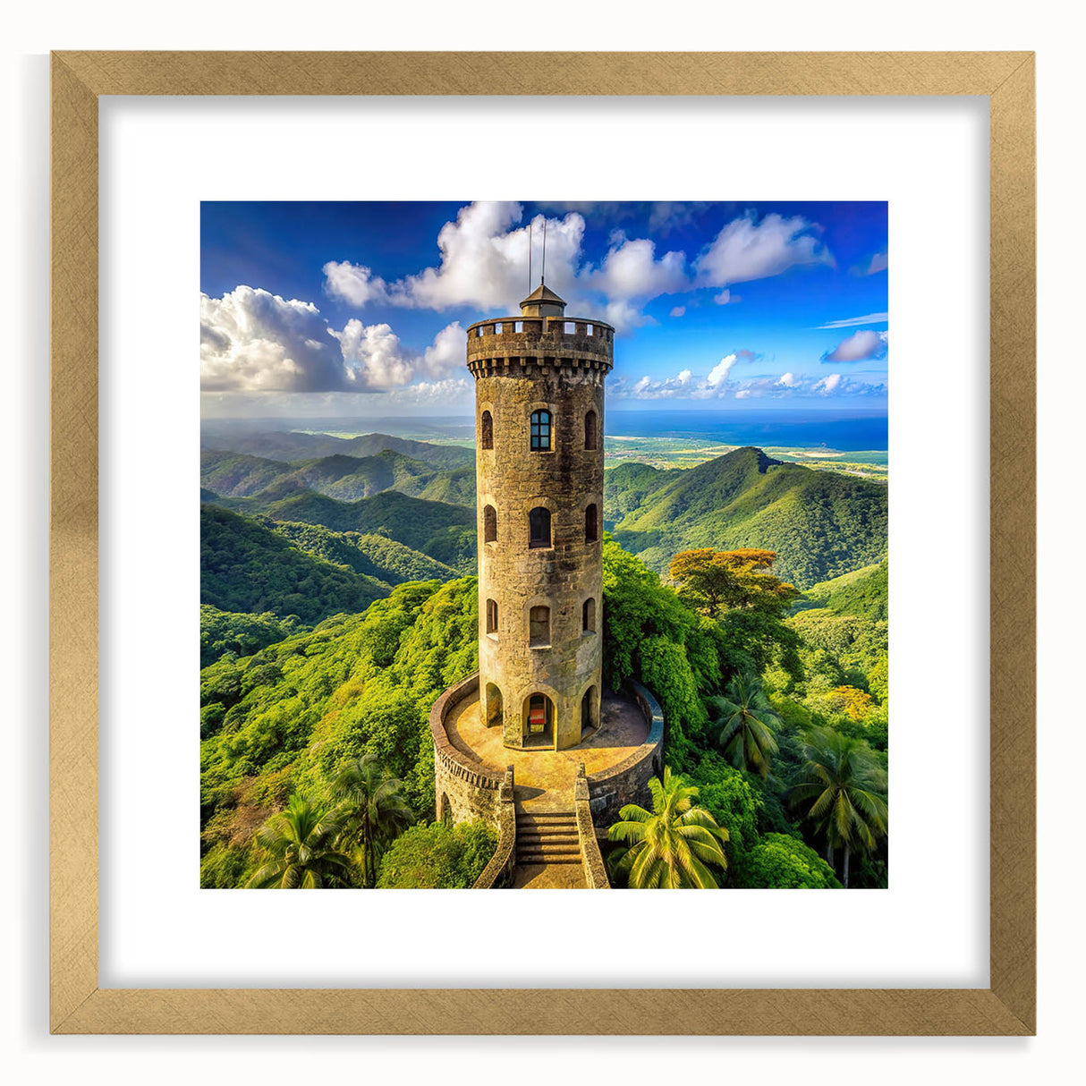 Abstract art print of a Caribbean seascape in vibrant blue and turquoise hues, framed in gold, ideal for dining room decor.