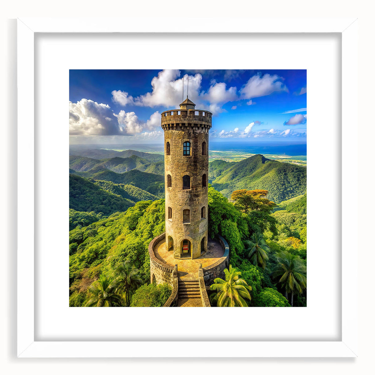 Textured abstract art print of a Caribbean scenery in muted blue and green tones on a framed white mat.