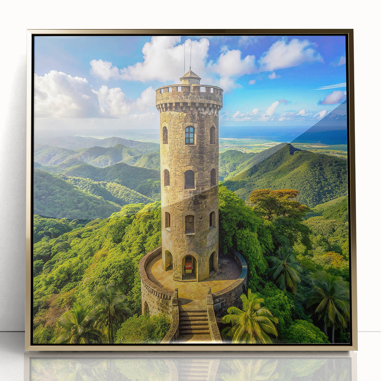 Art deco poster of a Caribbean Puerto Rican scenery in muted gold tones on framed acrylic, ideal for modern nursery wall art.