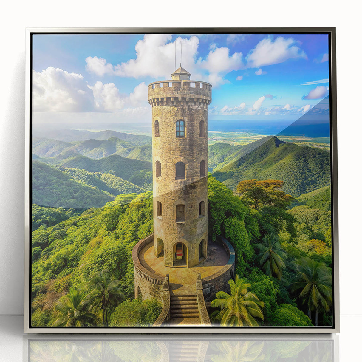 Large art print of a Caribbean scenery in Puerto Rico on a silver-framed acrylic, featuring mid-century modernist style.