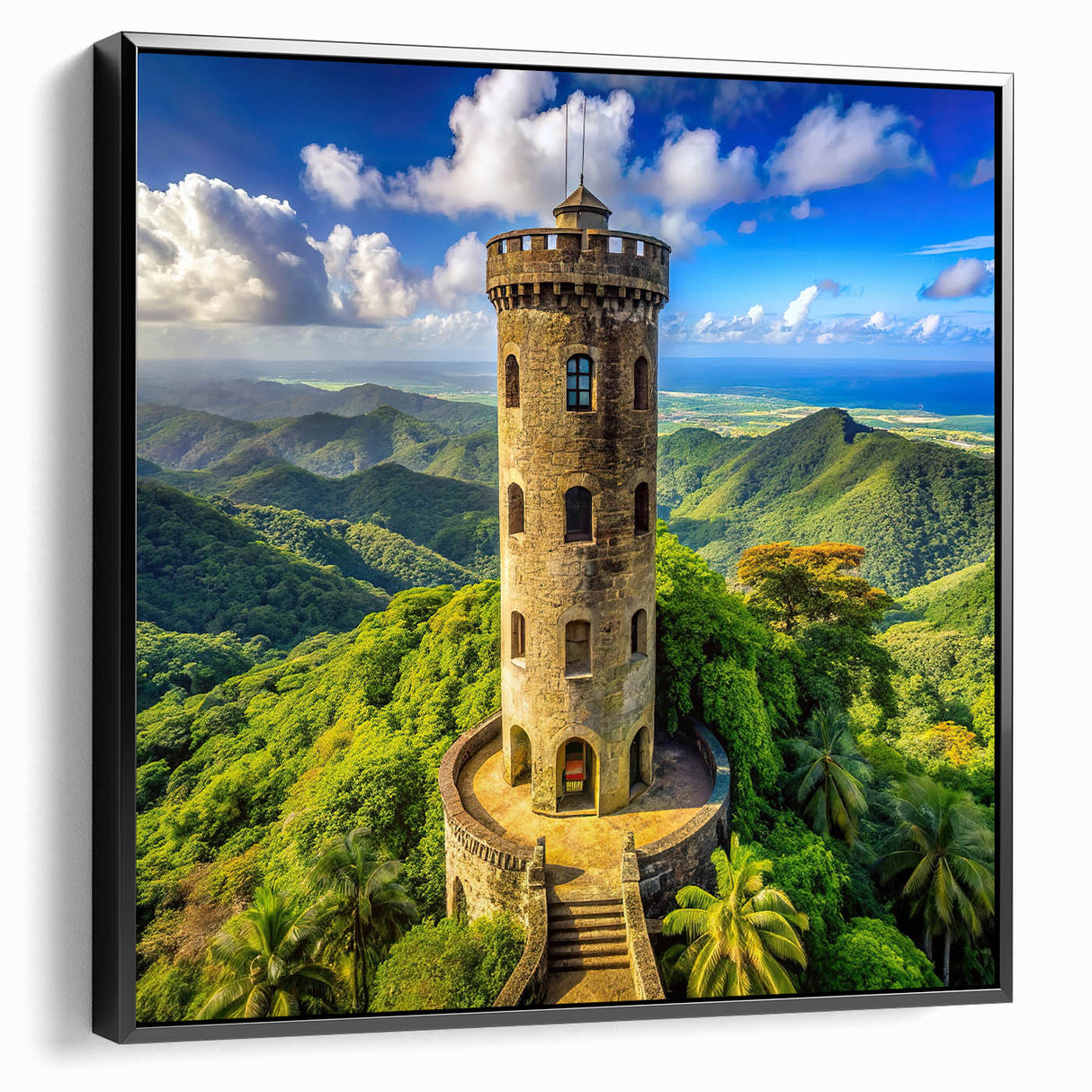 Black and white vintage poster art of a Caribbean landscape on framed canvas, suitable for bedroom wall decor.