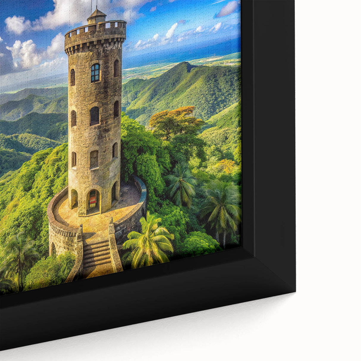Extra large black wall art featuring a textured, colorful Caribbean scenery on framed canvas, ideal for living room decor.