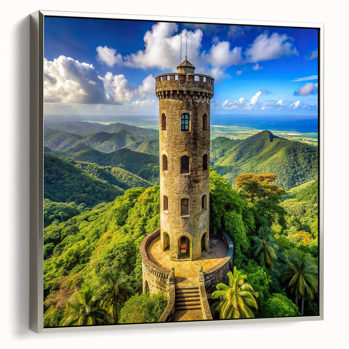 Framed canvas featuring a vintage-style landscape painting of a vibrant Caribbean scene, ideal for brightening a living room.