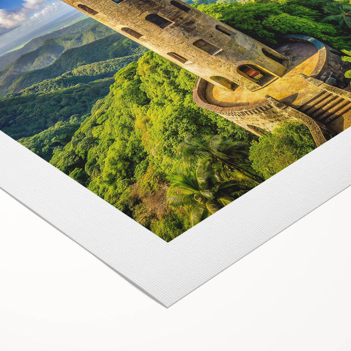 Art deco poster of a Caribbean Puerto Rican scenery on rolled canvas, using vibrant tropical hues.