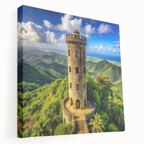 Panoramic view of a Caribbean coast on stretched canvas, featuring vibrant blue and green tones, ideal for kitchen wall art.