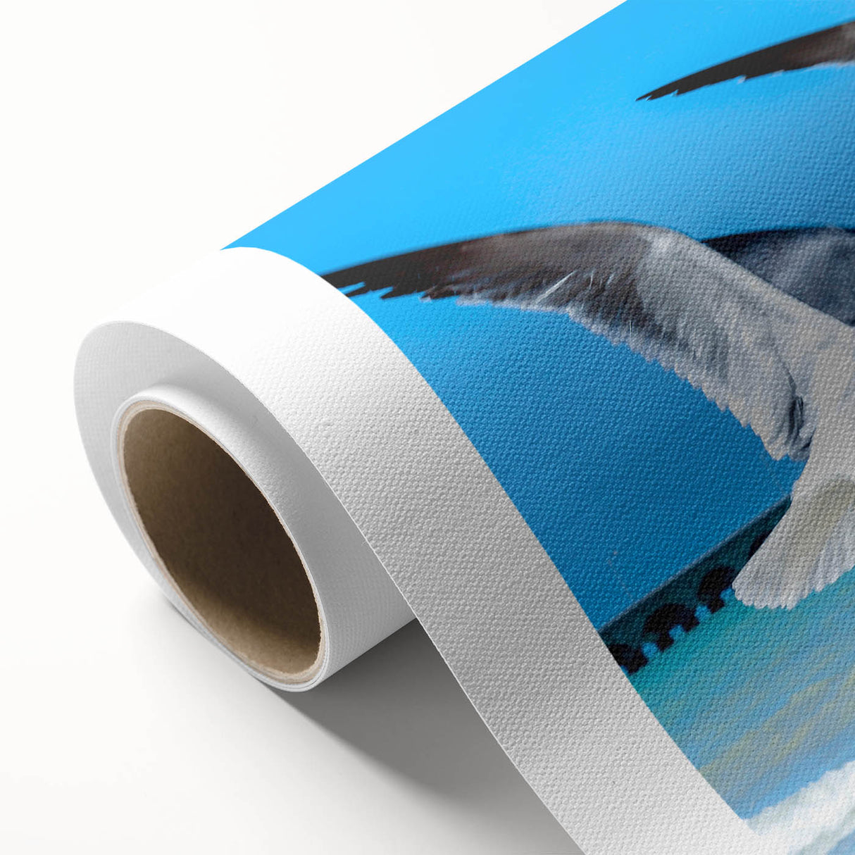 Art Deco poster of Yucatan scenery on rolled canvas, featuring pastel blue and green tones.